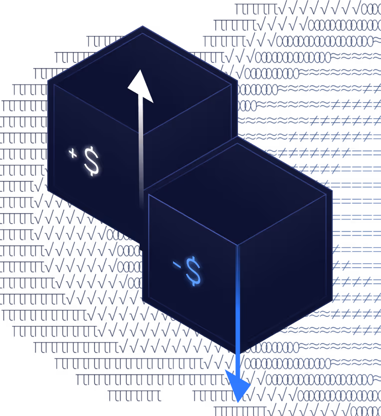 Two translucent 3D cubes labeled with plus and minus dollar signs, with arrows indicating upward and downward directions.